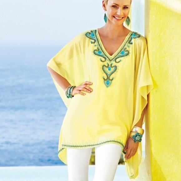 Chico's Tops - Chico's Beaded Yellow Mazie Peri Poncho, Size S/M
